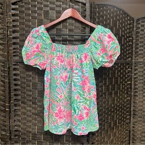 Lilly Pulitzer Pink & Green Floral Puff-Sleeve Top